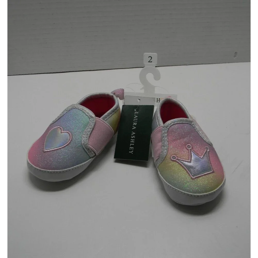 Laura Ashley Crib Shoes Baby Pastel Rainbow Slippers Pink Sz 2 (3-6 mo) NWT